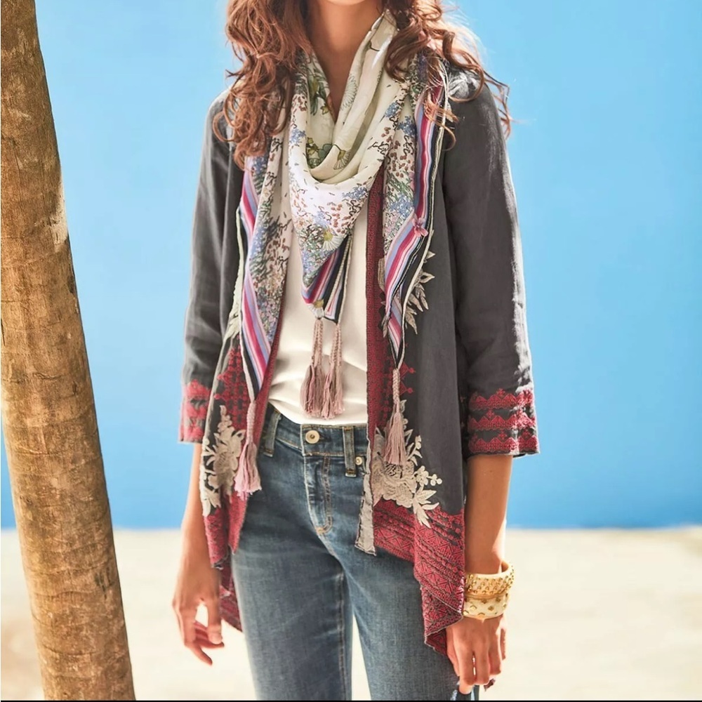 NWT Johnny Was Camille Draped Cardigan Gray Embroidered Linen Sweater Size M‎
